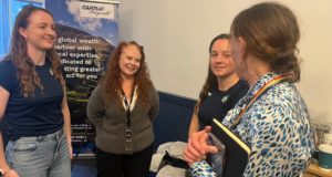Sarah & Orla Patton talking to a staff member at Cantor