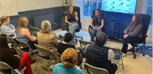 Sarah & Orla Patton talking to staff at Cantor