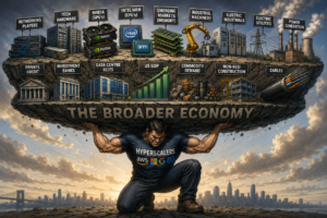 Illustration showing a muscular figure labelled “Hyperscalers” (AWS, Microsoft and Google logos visible) supporting a large floating platform titled “The Broader Economy”. Above the figure are interconnected sectors linked to artificial intelligence growth, including networking players, tech hardware, NVIDIA and Intel GPUs, emerging memory, industrial machinery, industrials, electric utilities, power generation, private credit, investment banks, data centre REITs, commodity demand, non-residential construction and cables. The image depicts data centres, semiconductor chips, power plants, industrial equipment and infrastructure, illustrating how AI-driven investment supports a wide range of industries across the economy. A city skyline appears in the background.